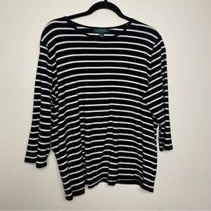 EUC Lauren Ralph Lauren Black White Striped Cotton Top 3/4 Sleeve Plus Size 2X